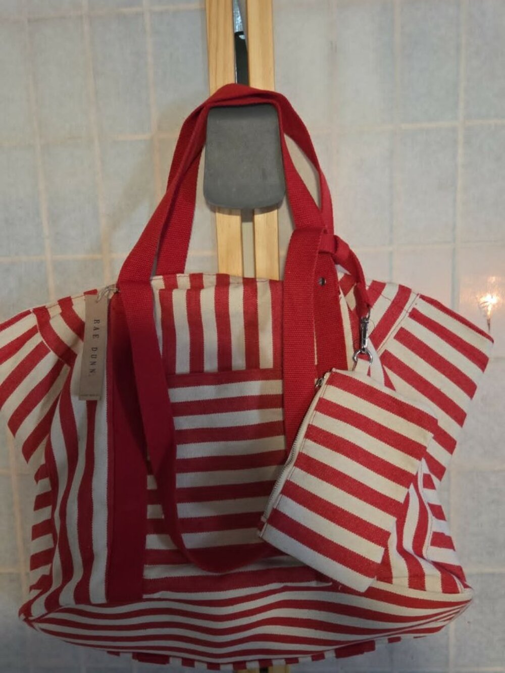 NWT Rae Dunn Red White Striped Canvas Tote Bag | Large Beach Travel Shoulder Bag
